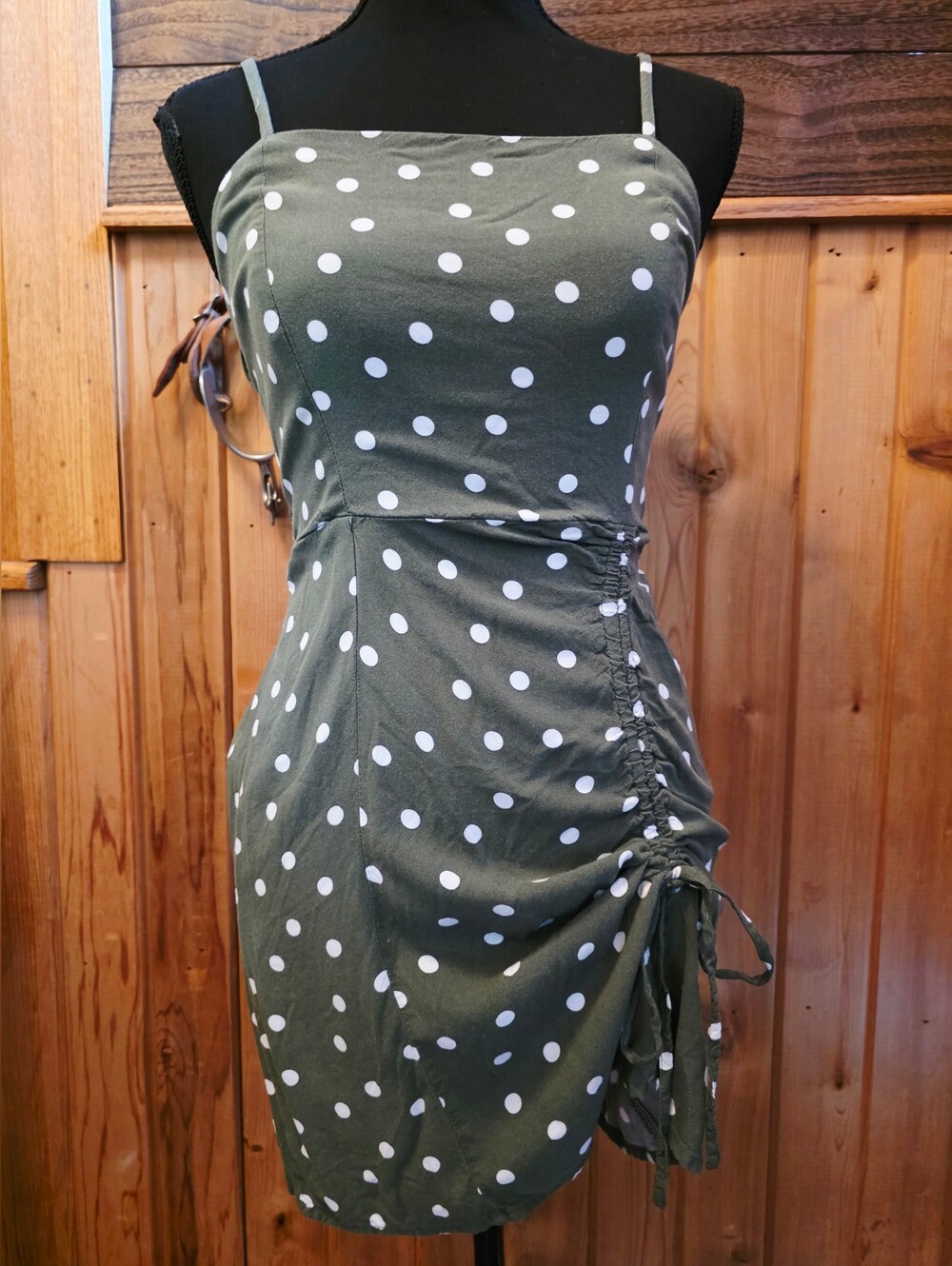 Y2K Aeropostale Green Polka Dot Ruched Mini Dress Smocked Back